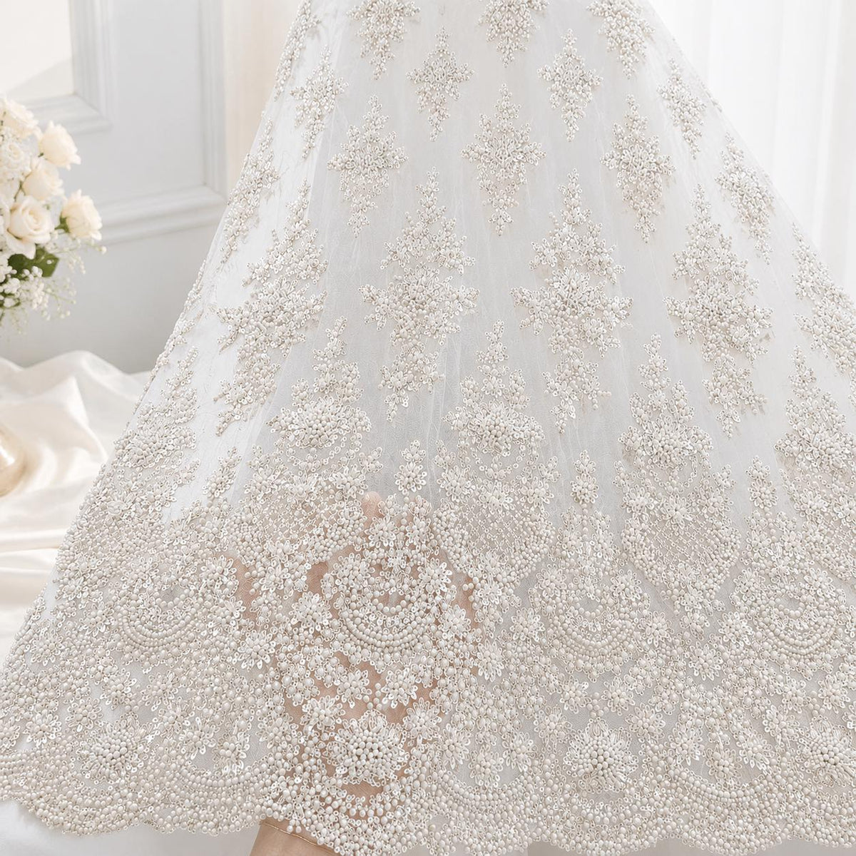 Luxury Beaded Bridal Lace Fabric by the Yard, Pearl Sequin Embroidery Tulle, Couture Wedding Dress Fabric, Luxury Wedding Gown Lace