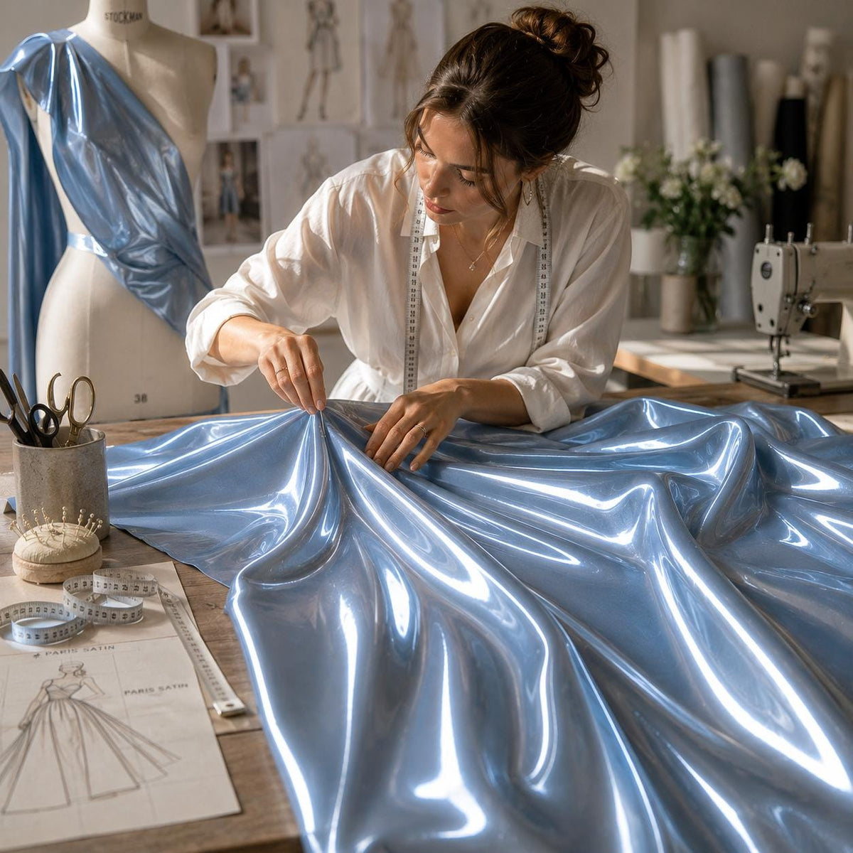 Luxury Liquid Bridal Satin Fabric by the Yard, Mirror Gloss Heavy Satin, Couture Wedding Dress Fabric, Premium Evening Gown Material