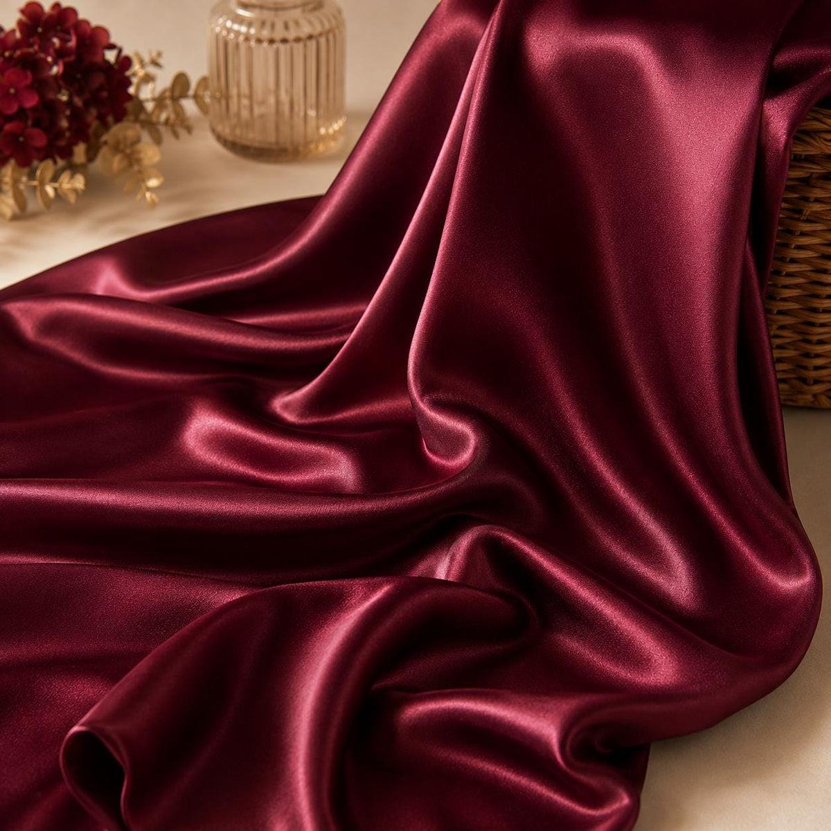 Luxury Burgundy Silky Satin Fabric by the Yard, Premium Polyester Satin for Couture Dresses, Designer Fashion, Runway & Custom Sewing
