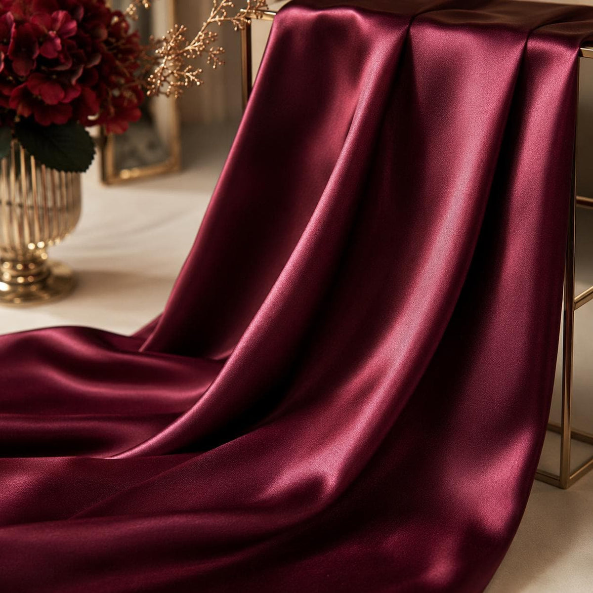 Luxury Burgundy Silky Satin Fabric by the Yard, Premium Polyester Satin for Couture Dresses, Designer Fashion, Runway & Custom Sewing