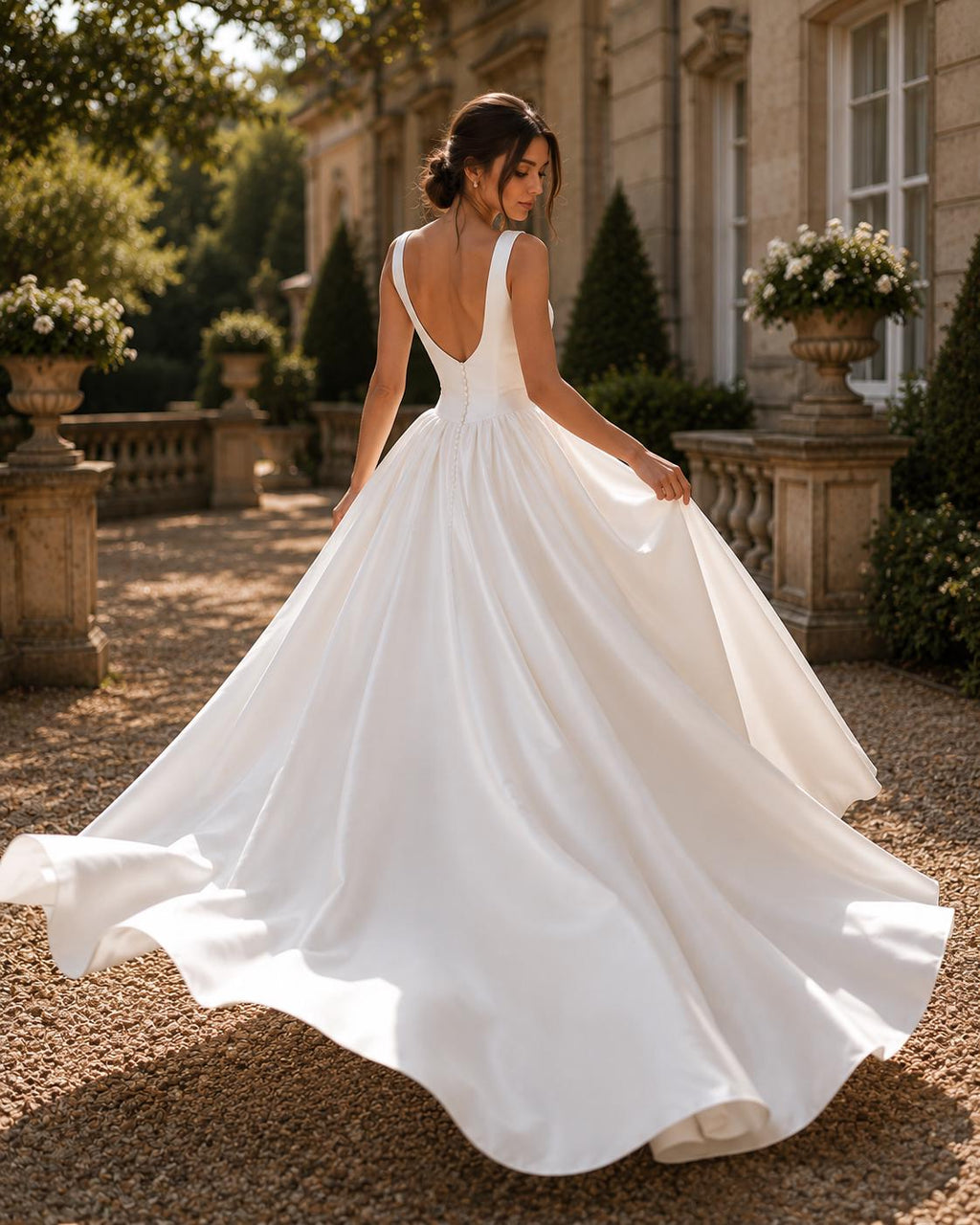 Minimalist V-Neck Satin Ball Gown Wedding Dress