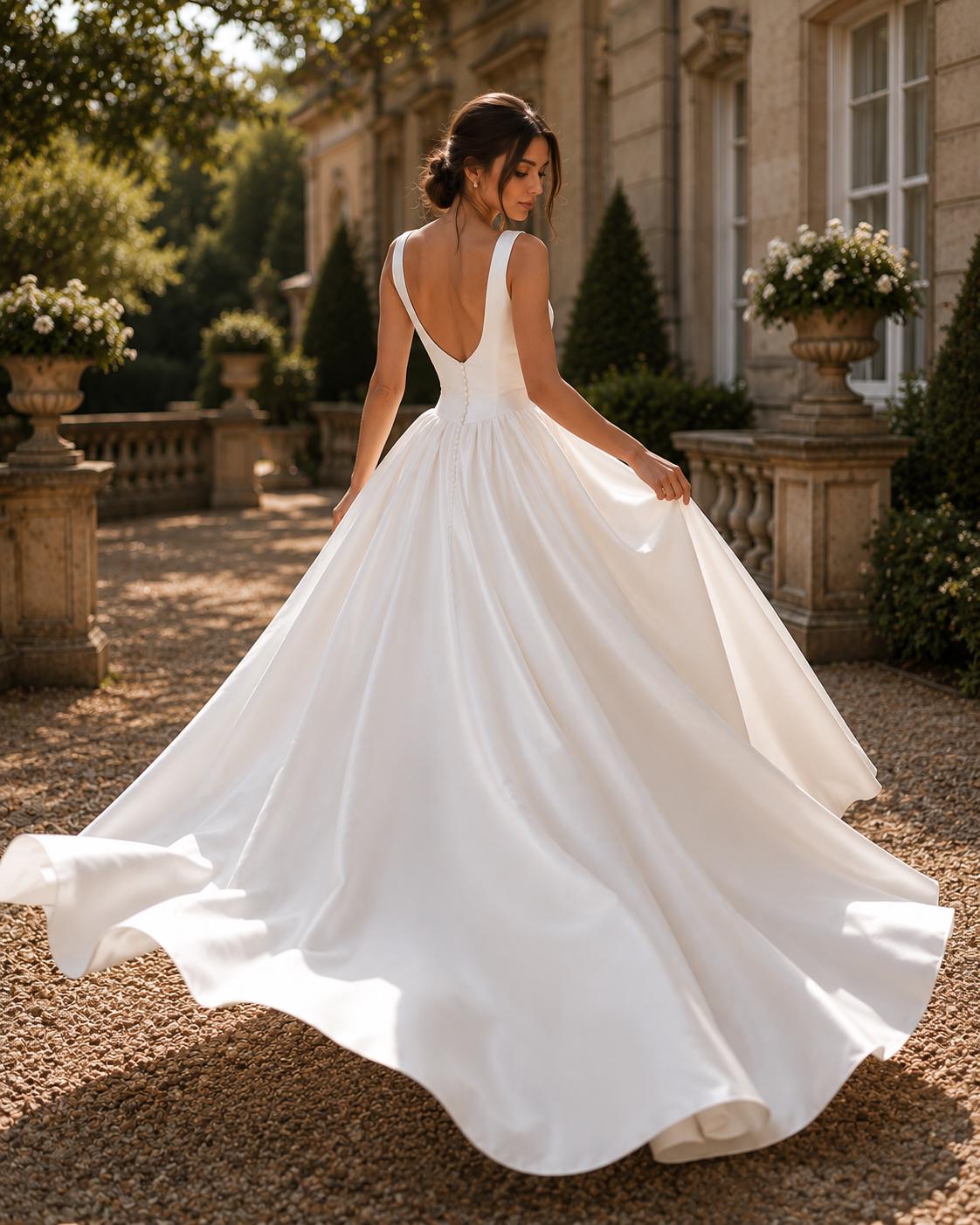Minimalist V-Neck Satin Ball Gown Wedding Dress