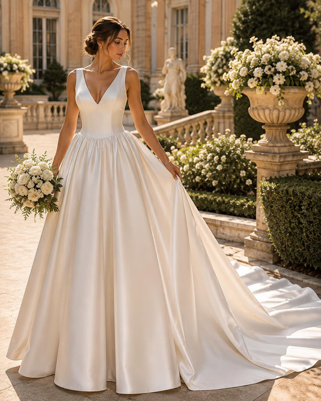 Minimalist V-Neck Satin Ball Gown Wedding Dress