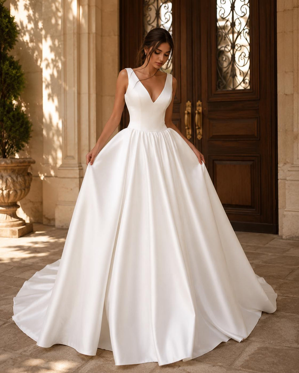 Minimalist V-Neck Satin Ball Gown Wedding Dress
