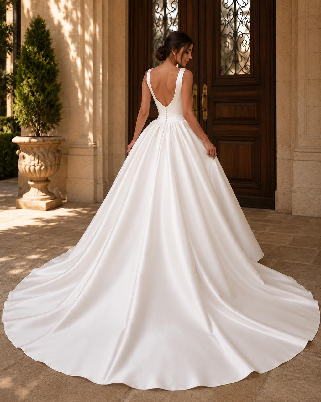 Minimalist V-Neck Satin Ball Gown Wedding Dress