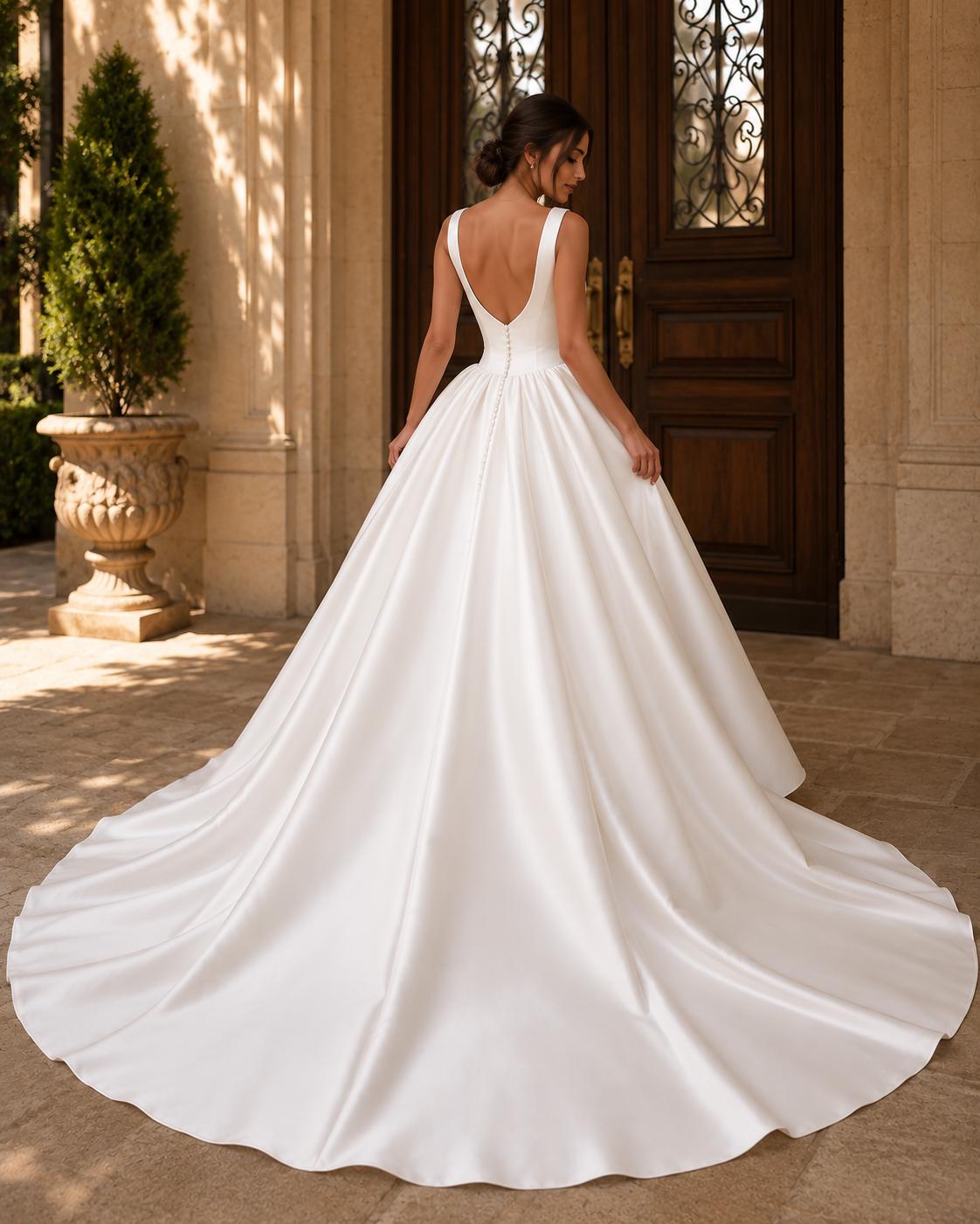 Minimalist V-Neck Satin Ball Gown Wedding Dress