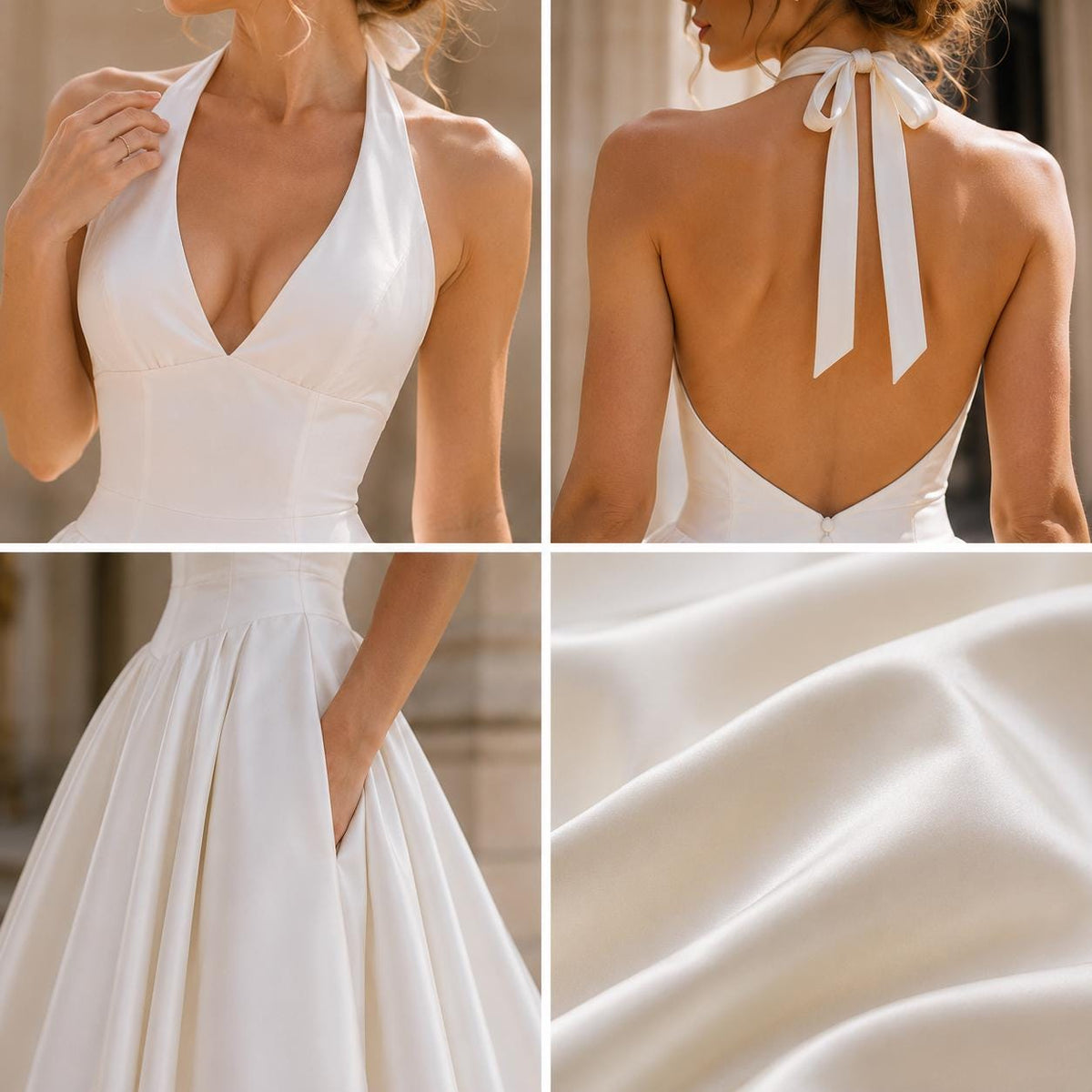 Tea-Length Halter Satin Wedding Dress with Open Back