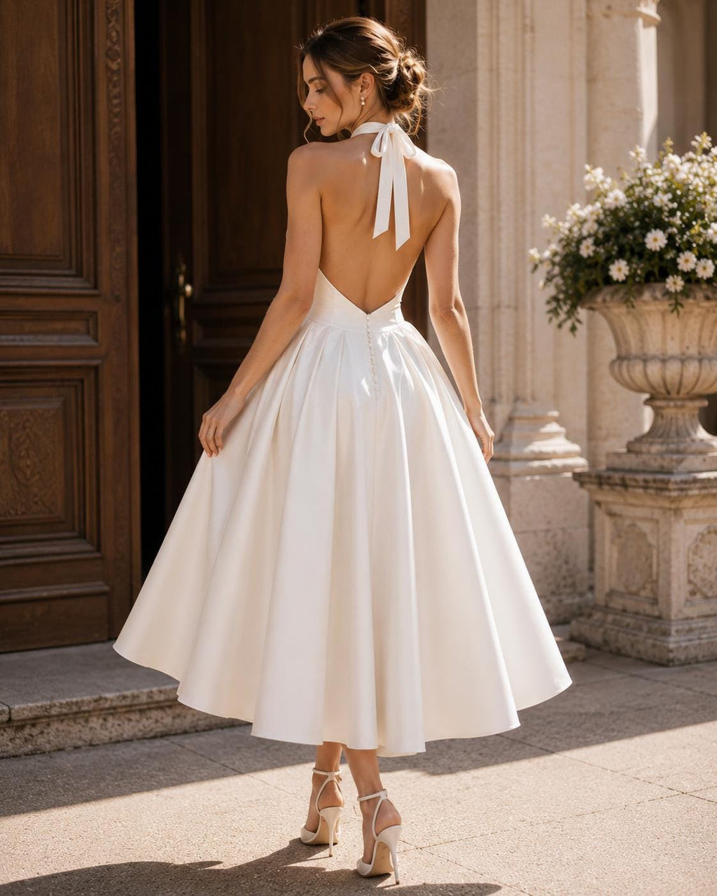 Tea-Length Halter Satin Wedding Dress with Open Back