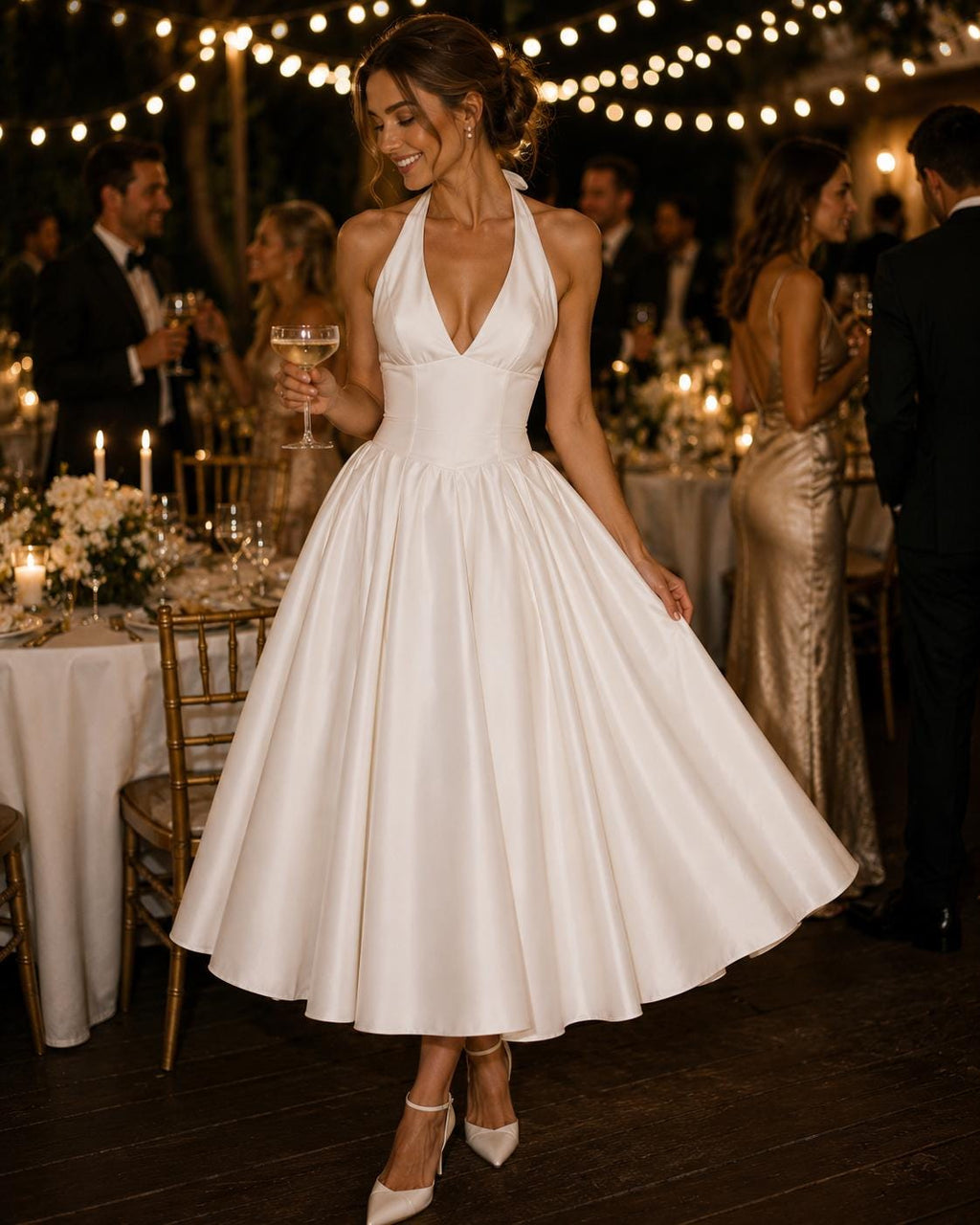 Tea-Length Halter Satin Wedding Dress with Open Back