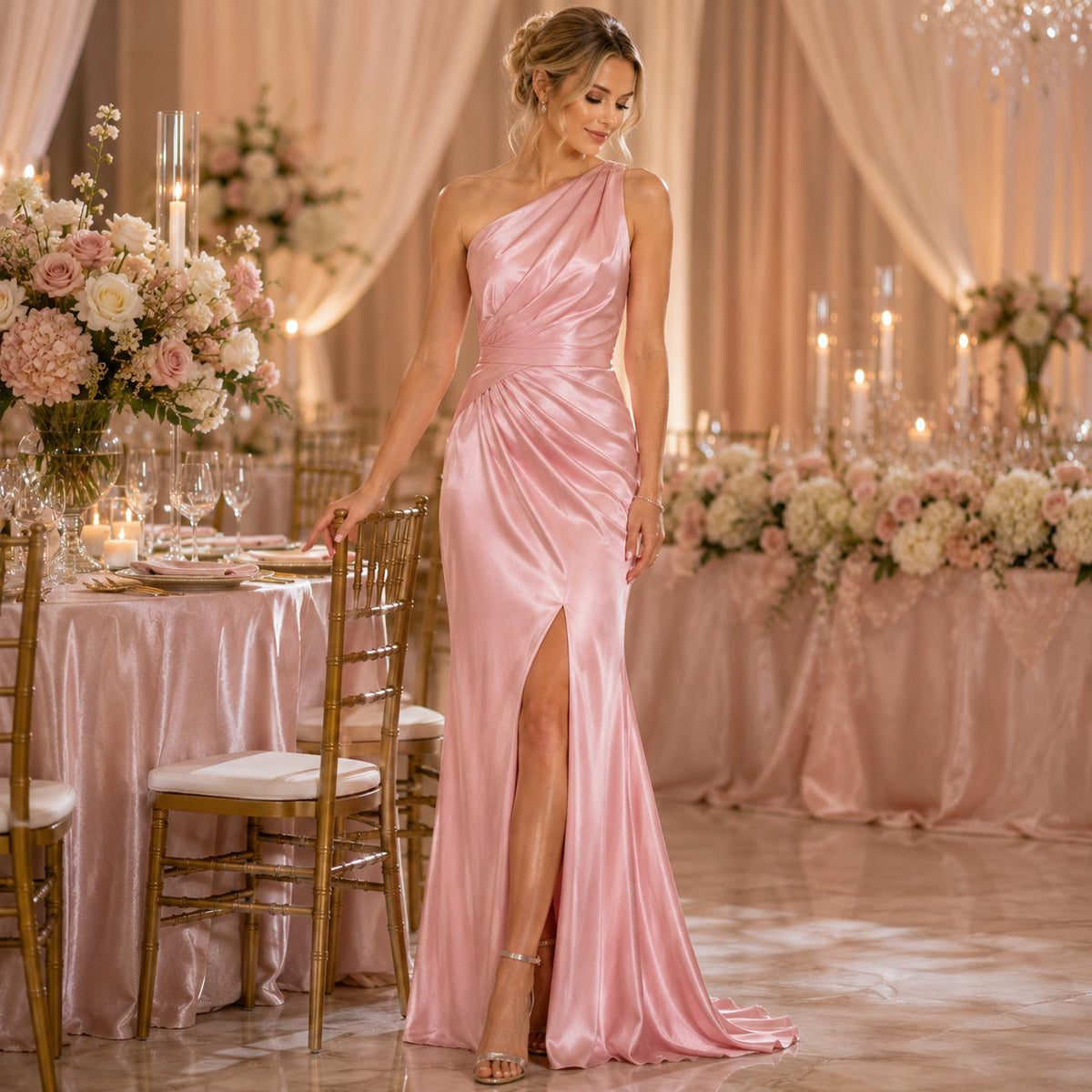 Luxury Blush Pink Silky Satin Fabric by the Yard, Premium Polyester Satin for Couture Dresses, Designer Fashion Custom Sewing Fabric