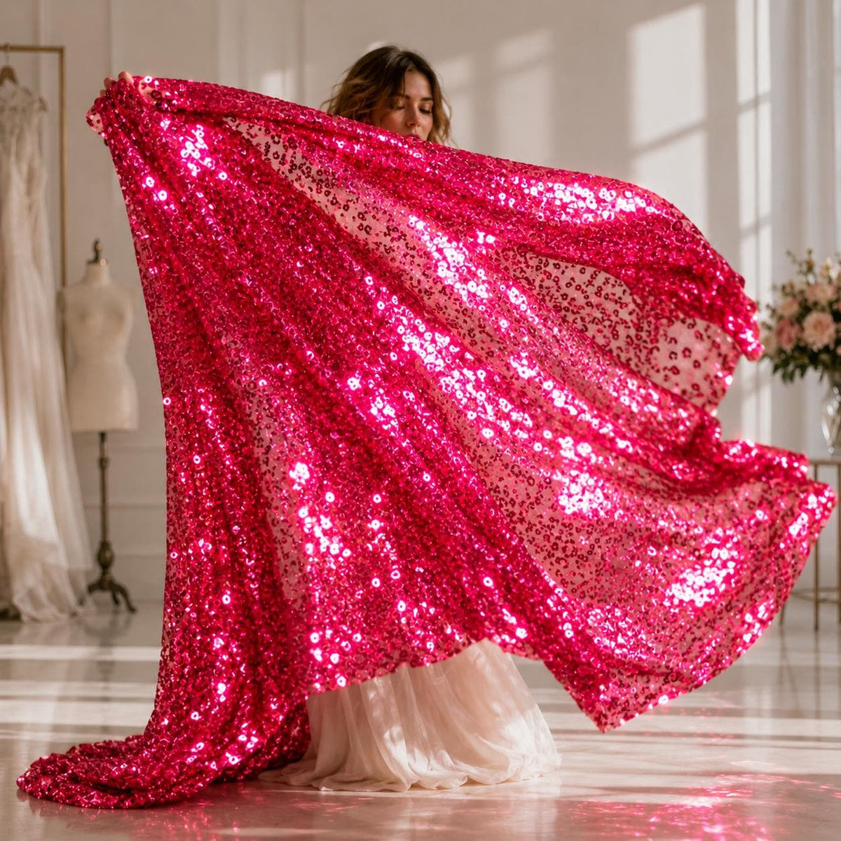 Hot Pink Sequin Fabric by the Yard, Full Sequin Mesh Fabric, Sparkly Glitter Fabric for Prom Dress, Evening Gown, Dance Costume, Pageant