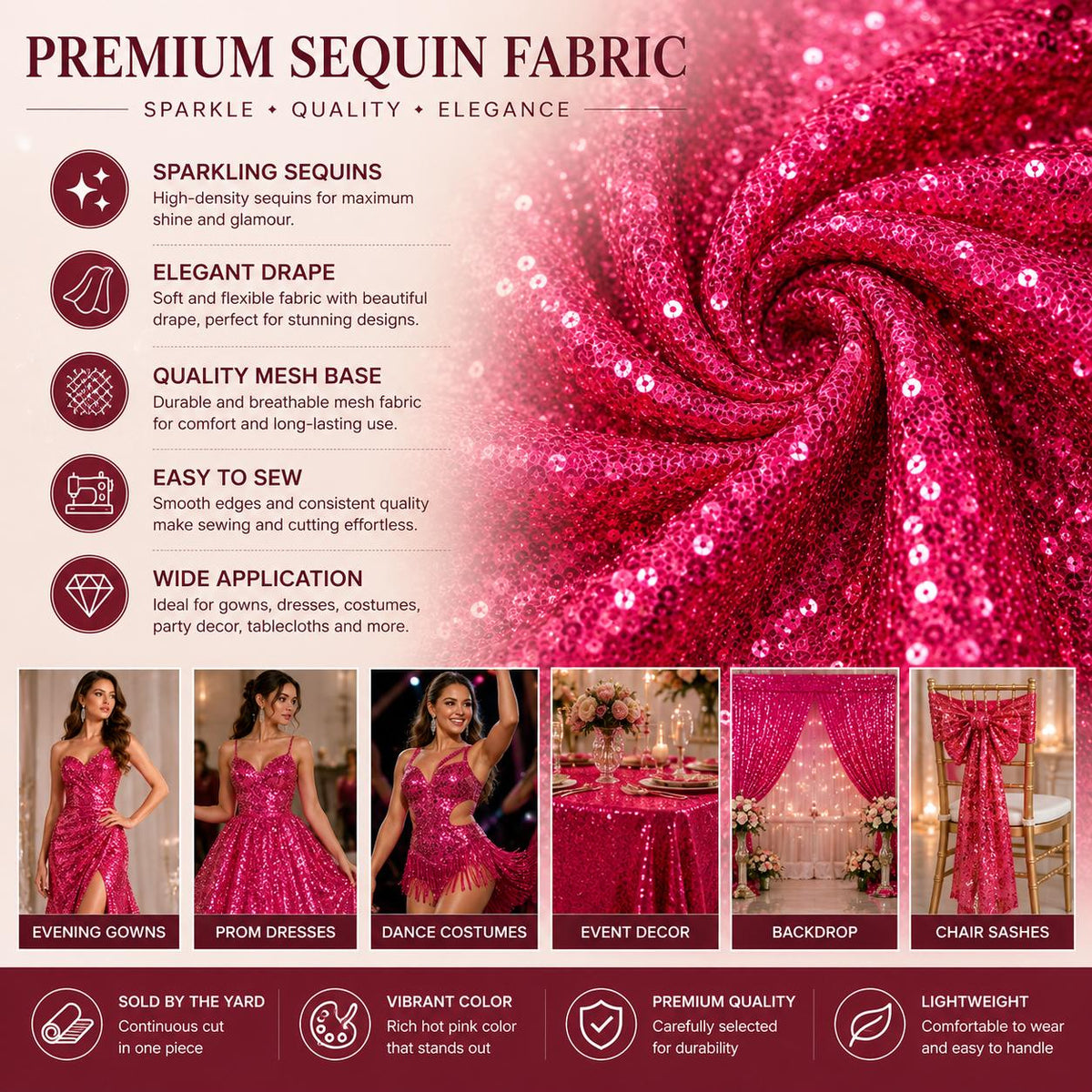 Hot Pink Sequin Fabric by the Yard, Full Sequin Mesh Fabric, Sparkly Glitter Fabric for Prom Dress, Evening Gown, Dance Costume, Pageant