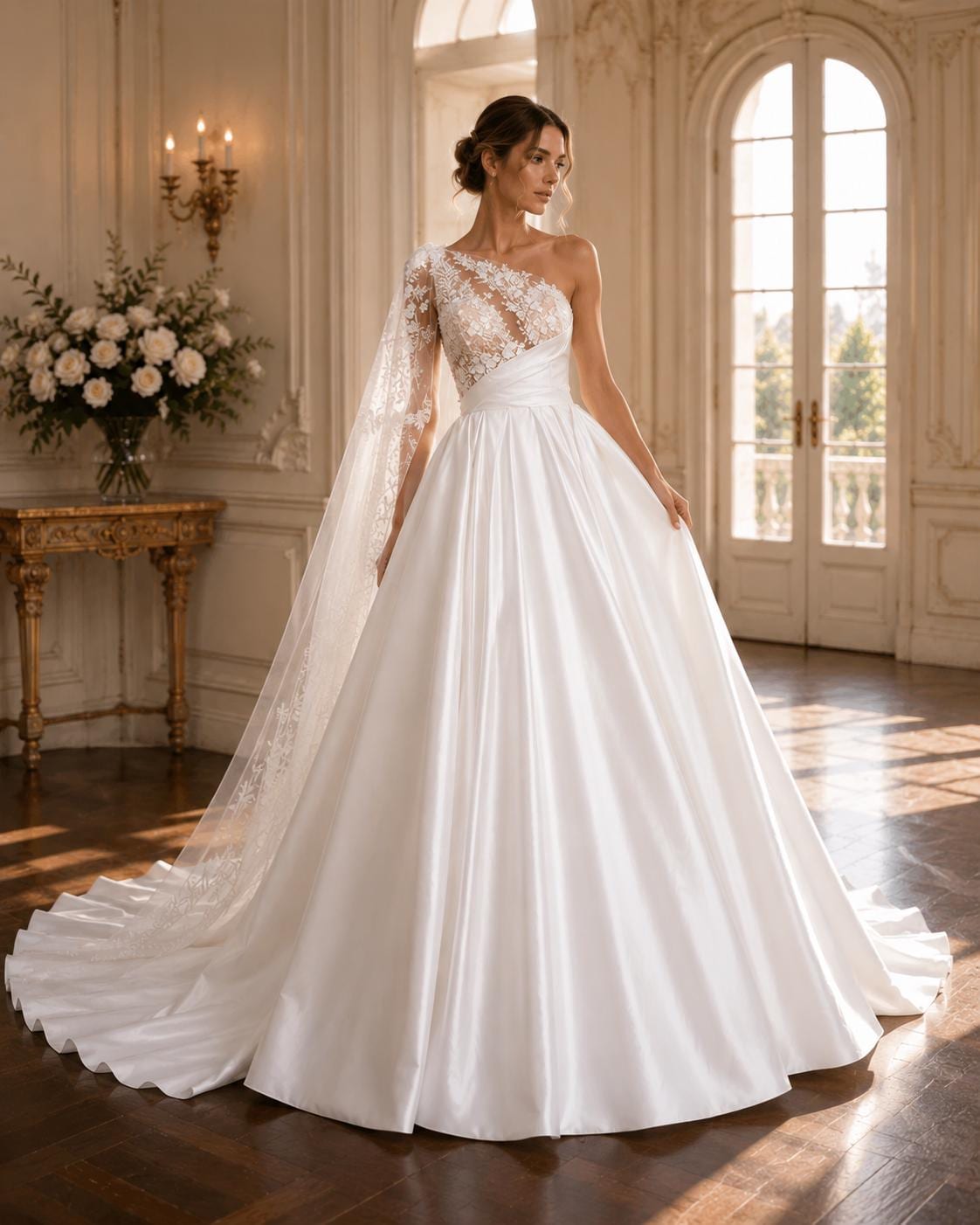 One-Shoulder Lace and Satin A-Line Wedding Dress