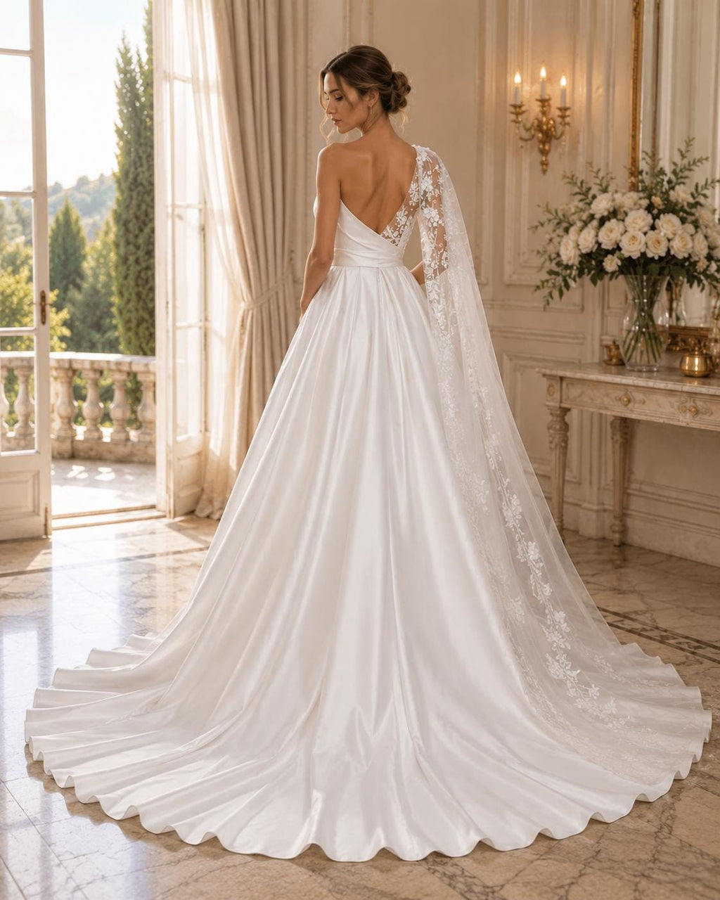 One-Shoulder Lace and Satin A-Line Wedding Dress