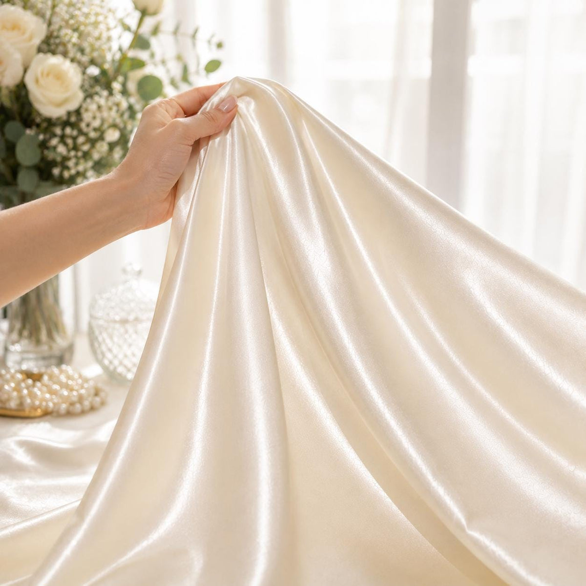 Ivory Silky Satin Fabric by the Yard, Premium Polyester Satin for Wedding Decor, Table Styling, Event Draping & DIY Crafts