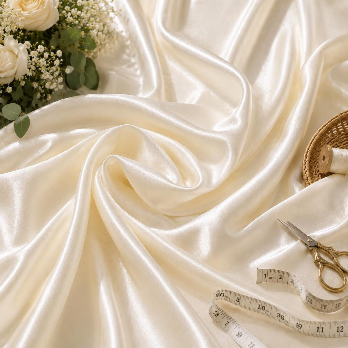 Ivory Silky Satin Fabric by the Yard, Premium Polyester Satin for Wedding Decor, Table Styling, Event Draping & DIY Crafts