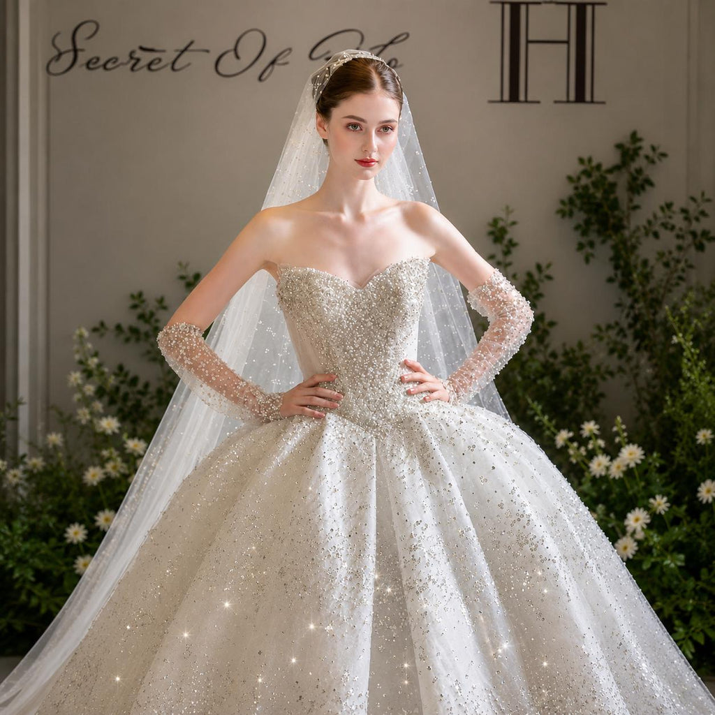 Sparkle Beaded Ball Gown Wedding Dress with Detachable Sleeves
