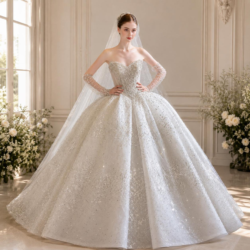 Sparkle Beaded Ball Gown Wedding Dress with Detachable Sleeves