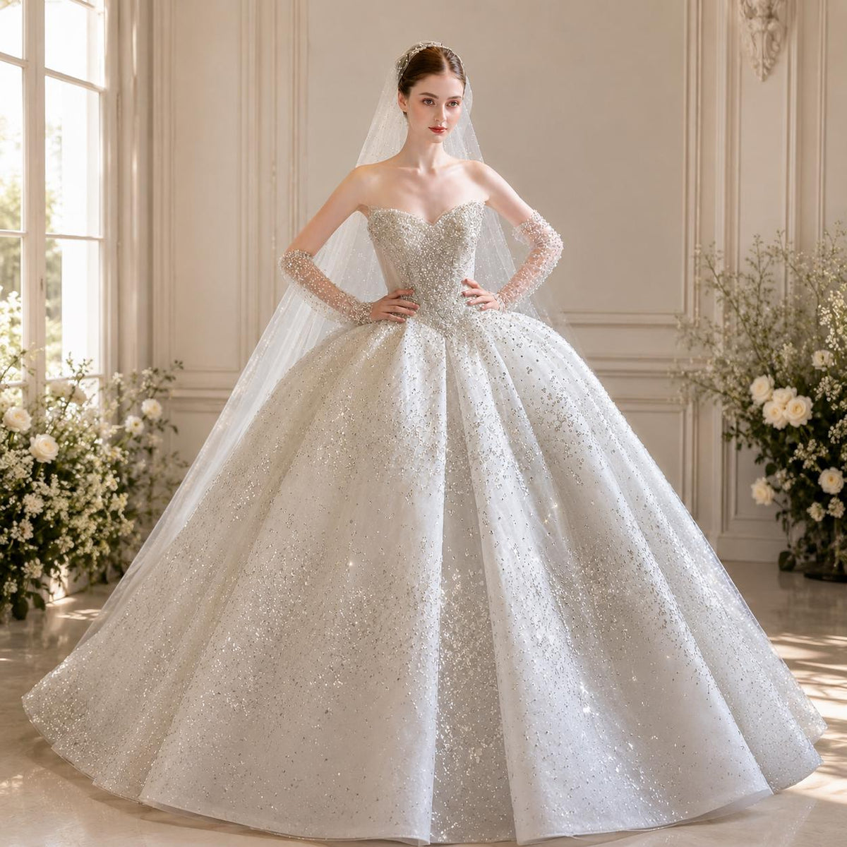 Sparkle Beaded Ball Gown Wedding Dress with Detachable Sleeves