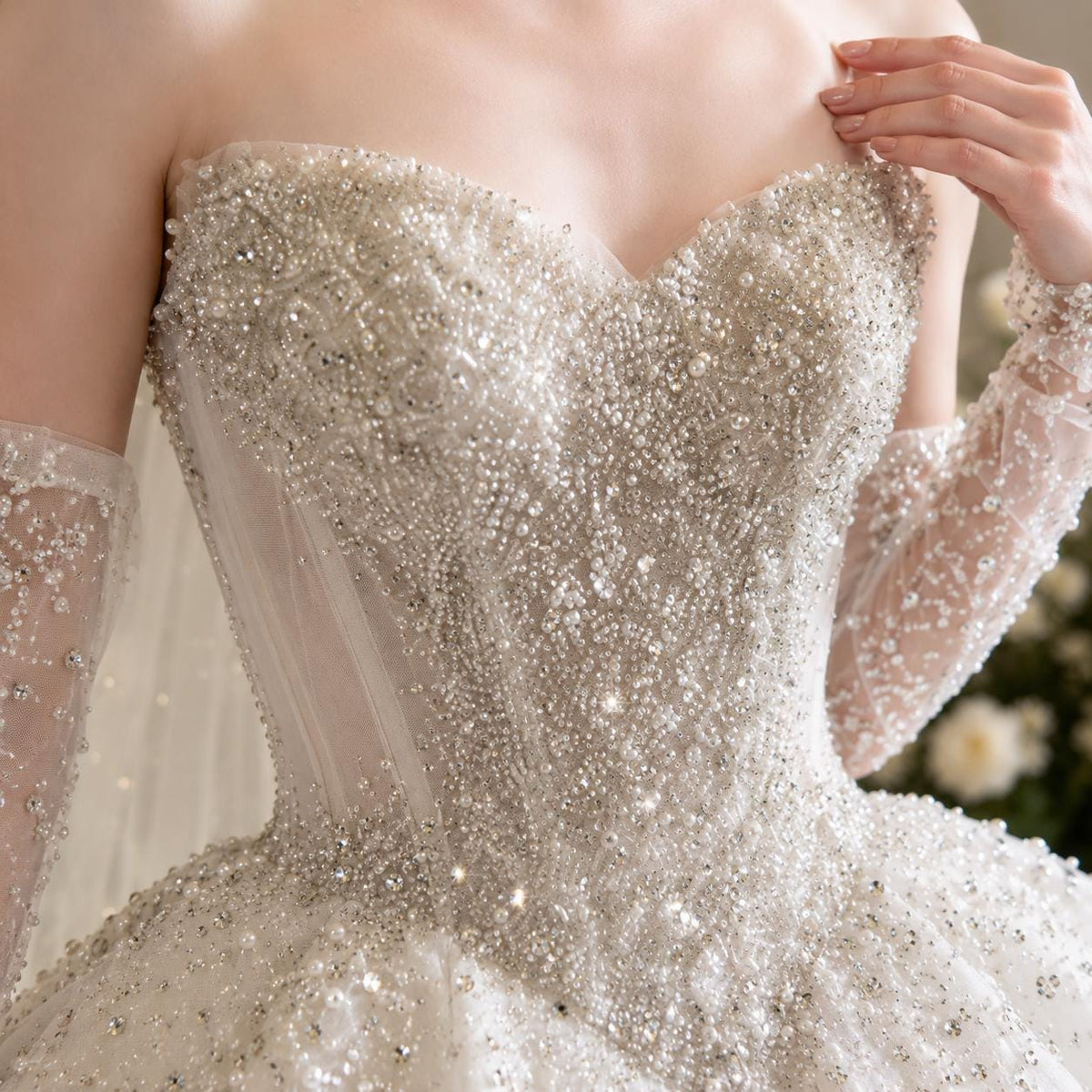 Sparkle Beaded Ball Gown Wedding Dress with Detachable Sleeves