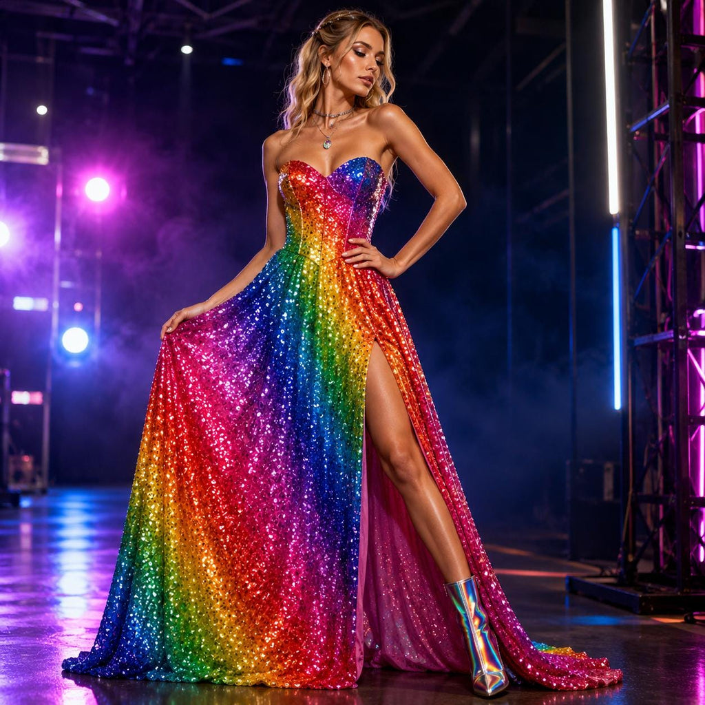 Rainbow Festival Fabric by the Yard, Glitter Ombre Sequin Mesh for Rave Outfit, Pride Costume, Dancewear, Performance Dress