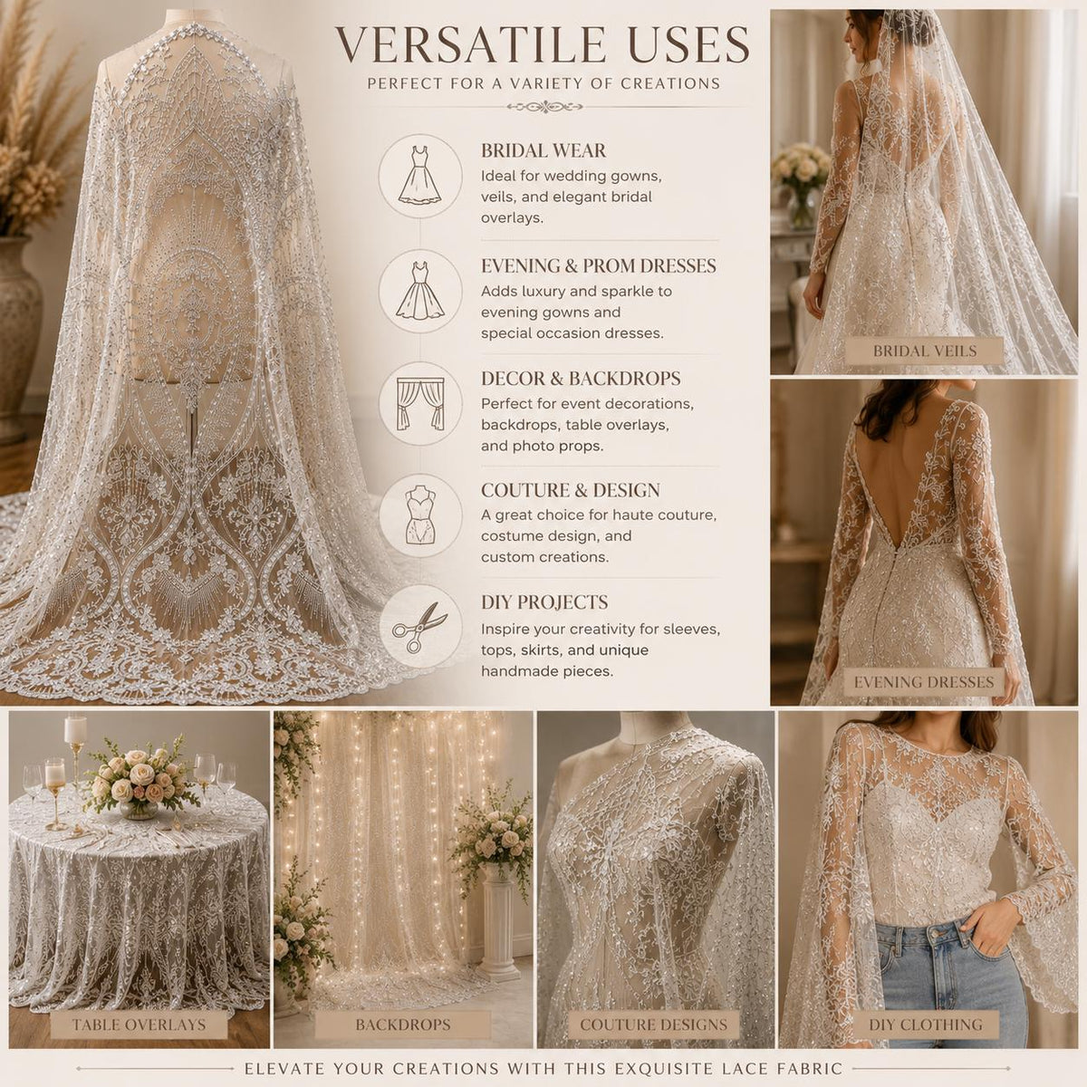 White Embroidered Lace Fabric by the Yard, Luxury Beaded Mesh for Bridal Veils, Overskirt, Cape, Sleeves, Corset, DIY Couture Sewing