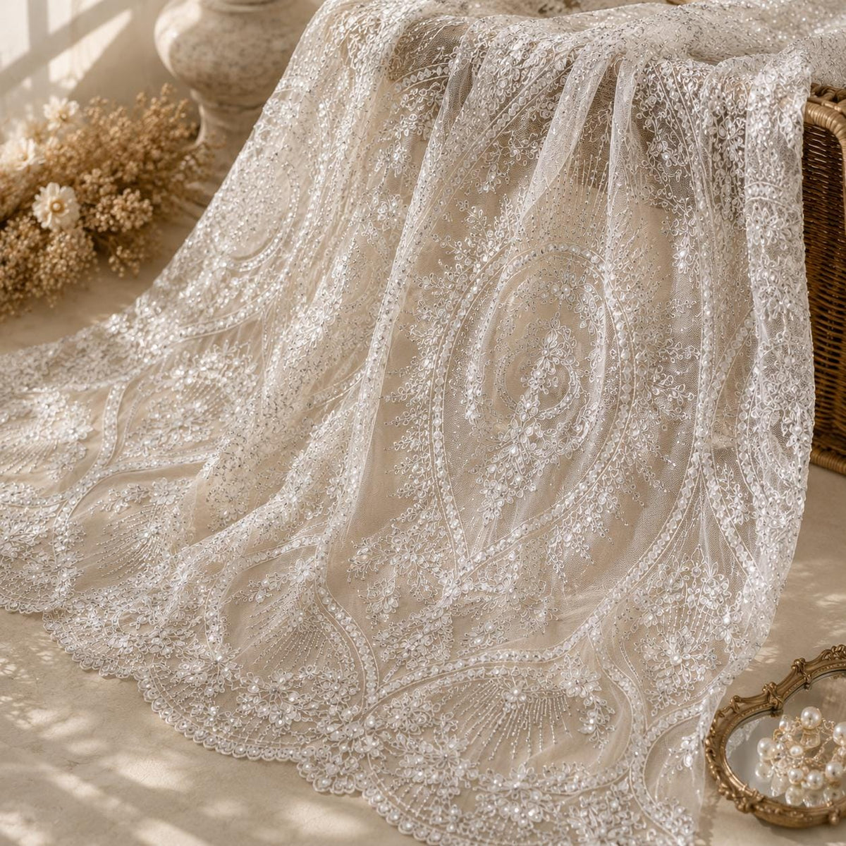 White Embroidered Lace Fabric by the Yard, Luxury Beaded Mesh for Bridal Veils, Overskirt, Cape, Sleeves, Corset, DIY Couture Sewing