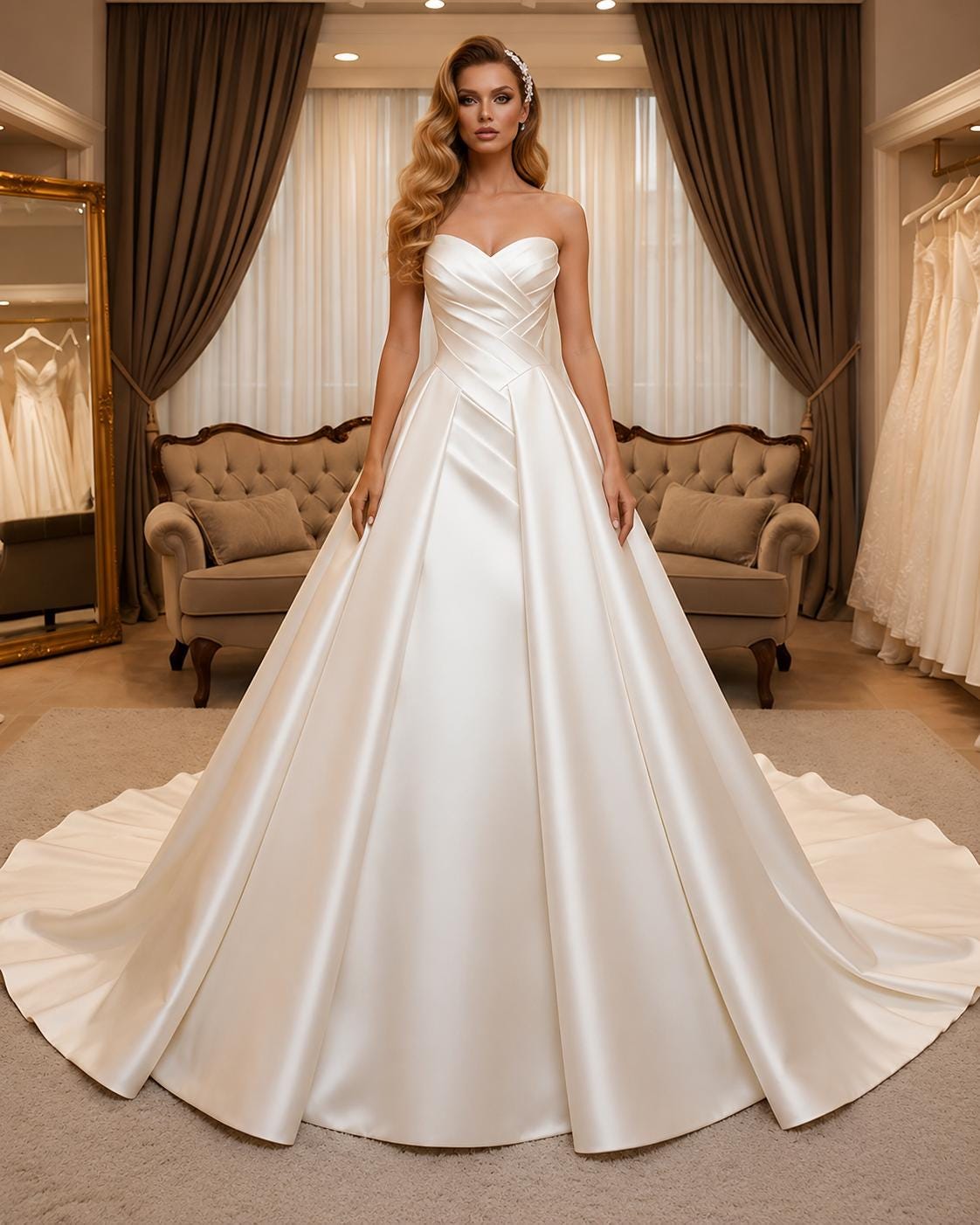 Strapless Satin Wedding Dress with Pleated Corset