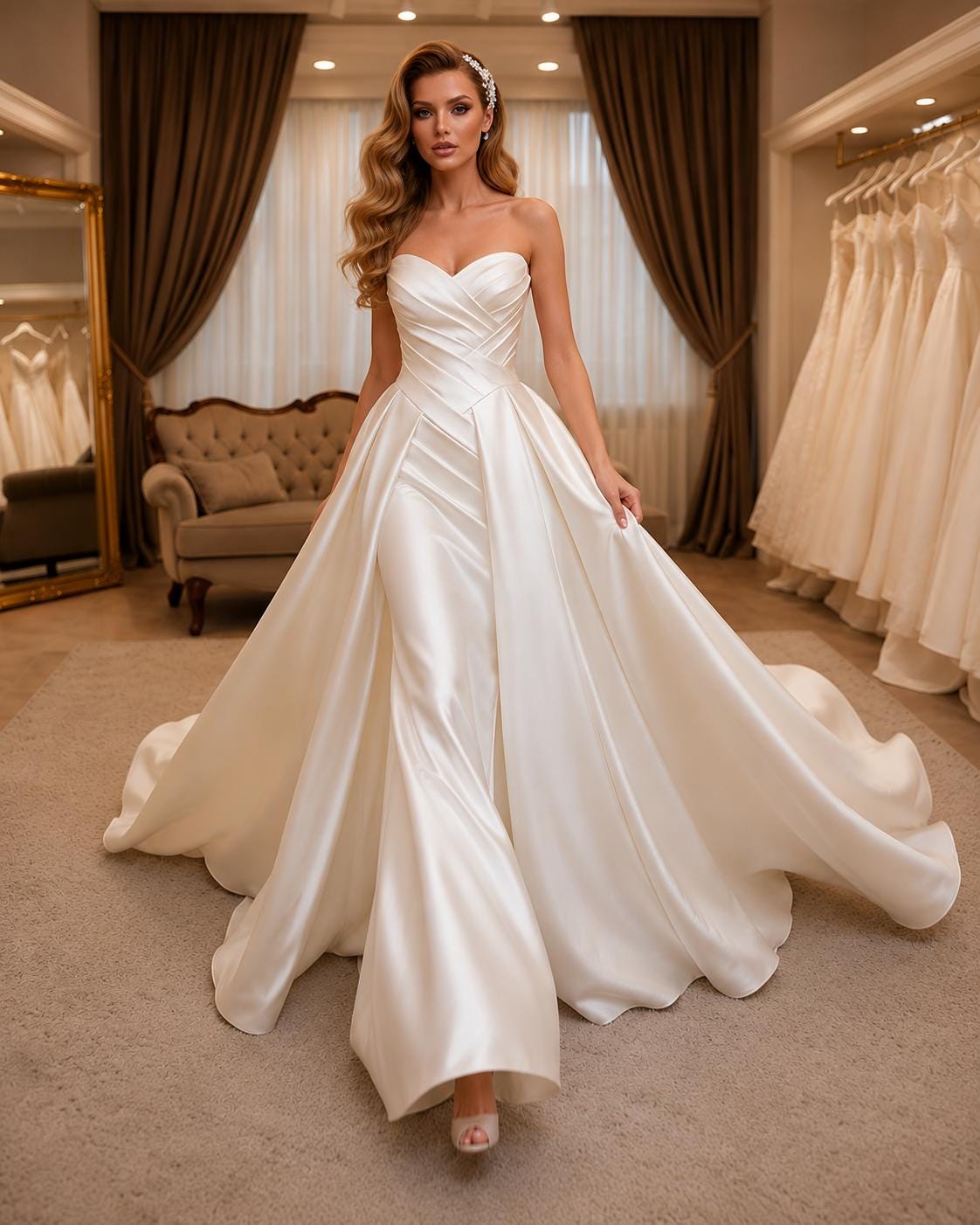 Strapless Satin Wedding Dress with Pleated Corset