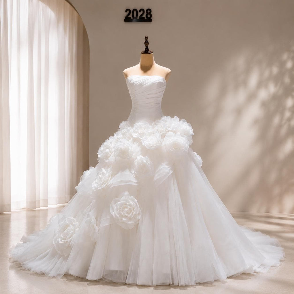 3D Floral Strapless Organza Ball Gown Wedding Dress