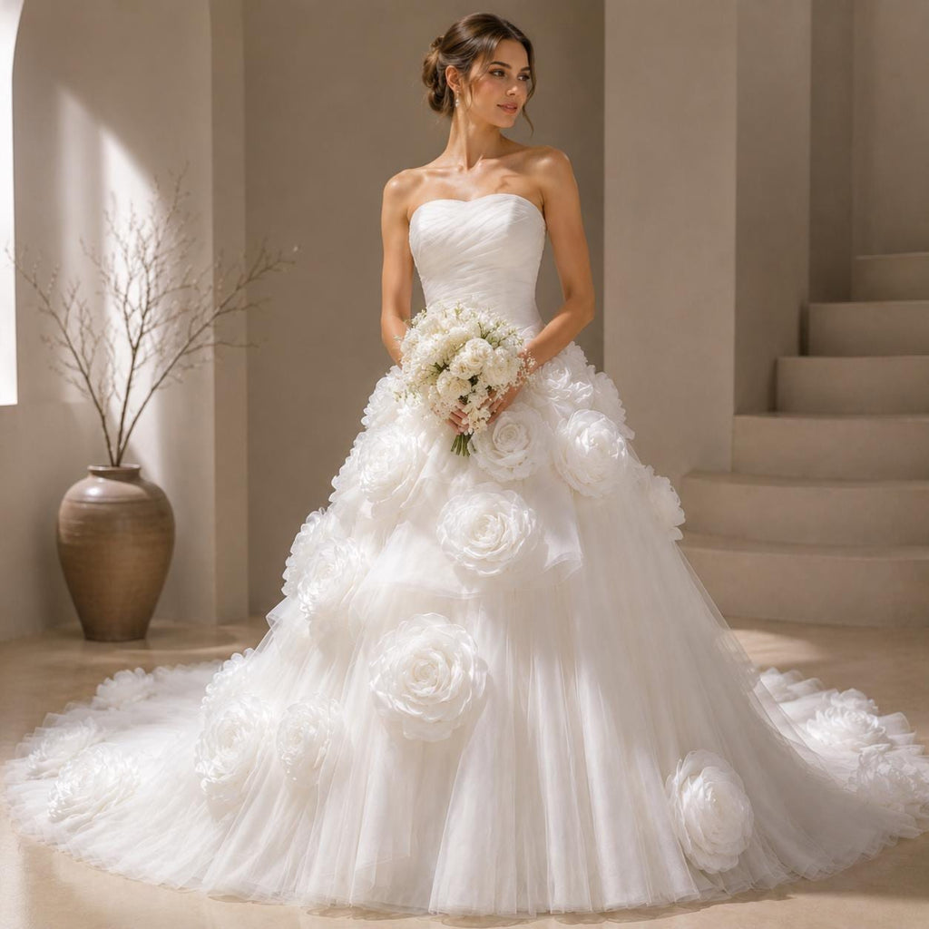 3D Floral Strapless Organza Ball Gown Wedding Dress