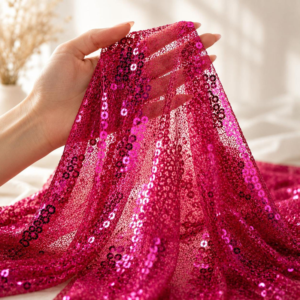 Hot Pink Mini Sequin Mesh Fabric by the Yard, Fuchsia Embroidered Glitter Tulle Fabric for Prom Dress, Evening Gown, Stage Costume & Bridal