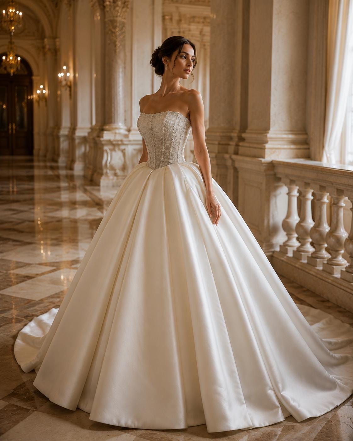 Strapless Beaded Mikado Satin Ball Gown Wedding Dress