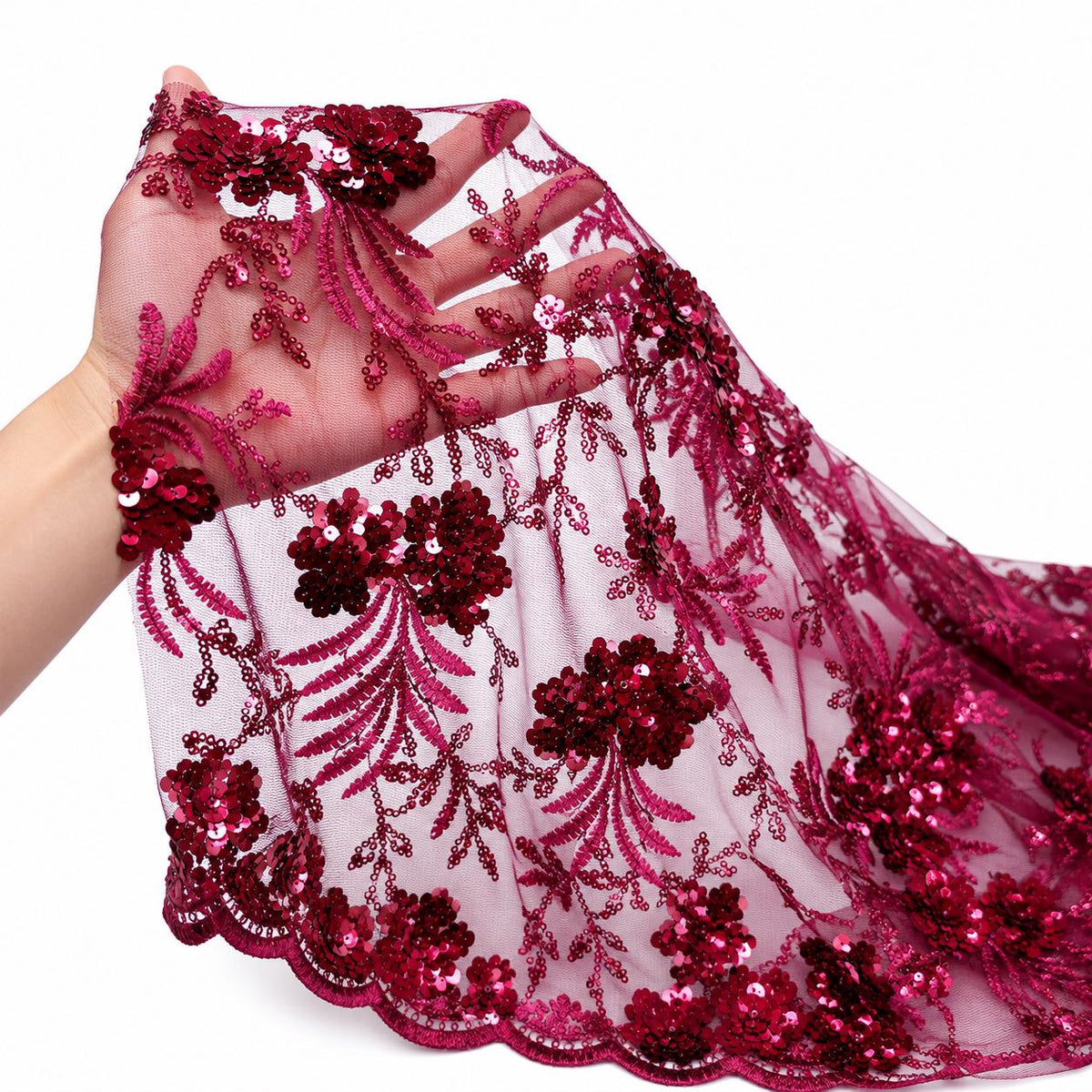 Burgundy Floral Mesh Lace Fabric by the Yard, Sequin Embroidery Fabric, Designer Sewing Lace, Couture Dress Material, DIY Fashion Fabric