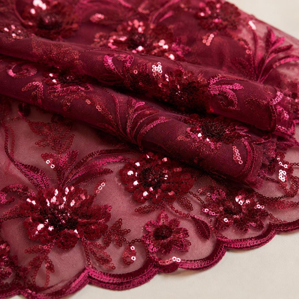 Burgundy Floral Mesh Lace Fabric by the Yard, Sequin Embroidery Fabric, Designer Sewing Lace, Couture Dress Material, DIY Fashion Fabric
