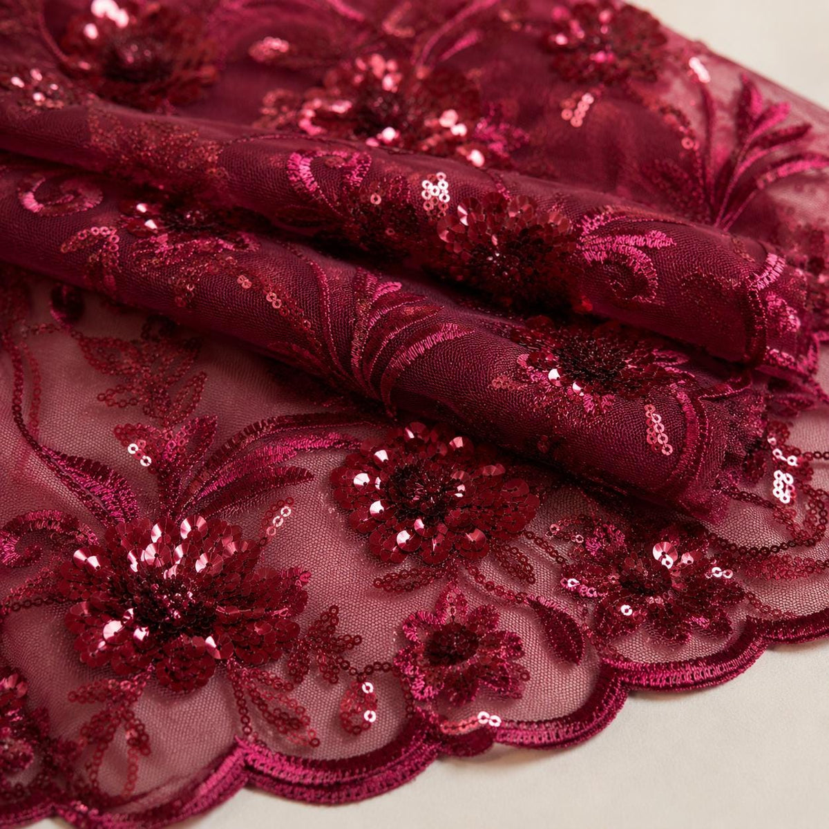 Burgundy Floral Mesh Lace Fabric by the Yard, Sequin Embroidery Fabric, Designer Sewing Lace, Couture Dress Material, DIY Fashion Fabric