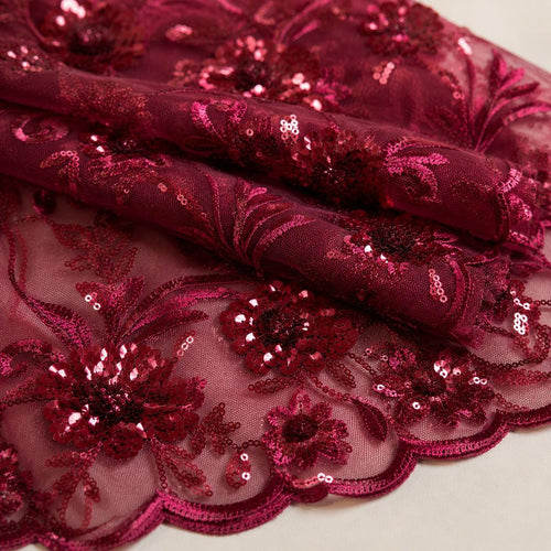 Burgundy Floral Mesh Lace Fabric by the Yard, Sequin Embroidery Fabric, Designer Sewing Lace, Couture Dress Material, DIY Fashion Fabric