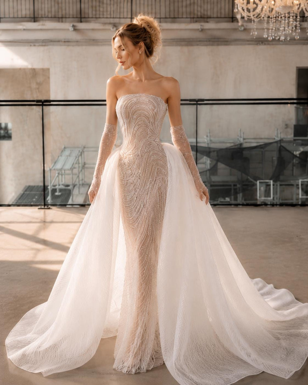 Pearl Beaded Mermaid Wedding Dress with Detachable Overskirt