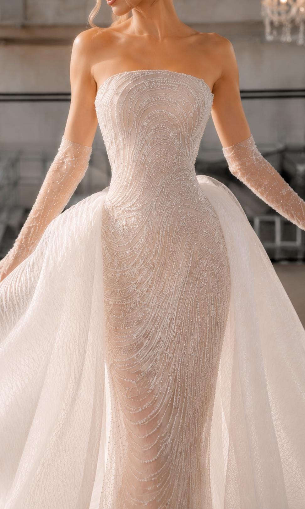 Pearl Beaded Mermaid Wedding Dress with Detachable Overskirt