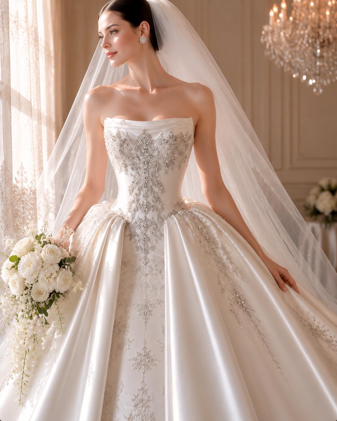 Crystal Beaded Mikado Wedding Dress with Cathedral Train