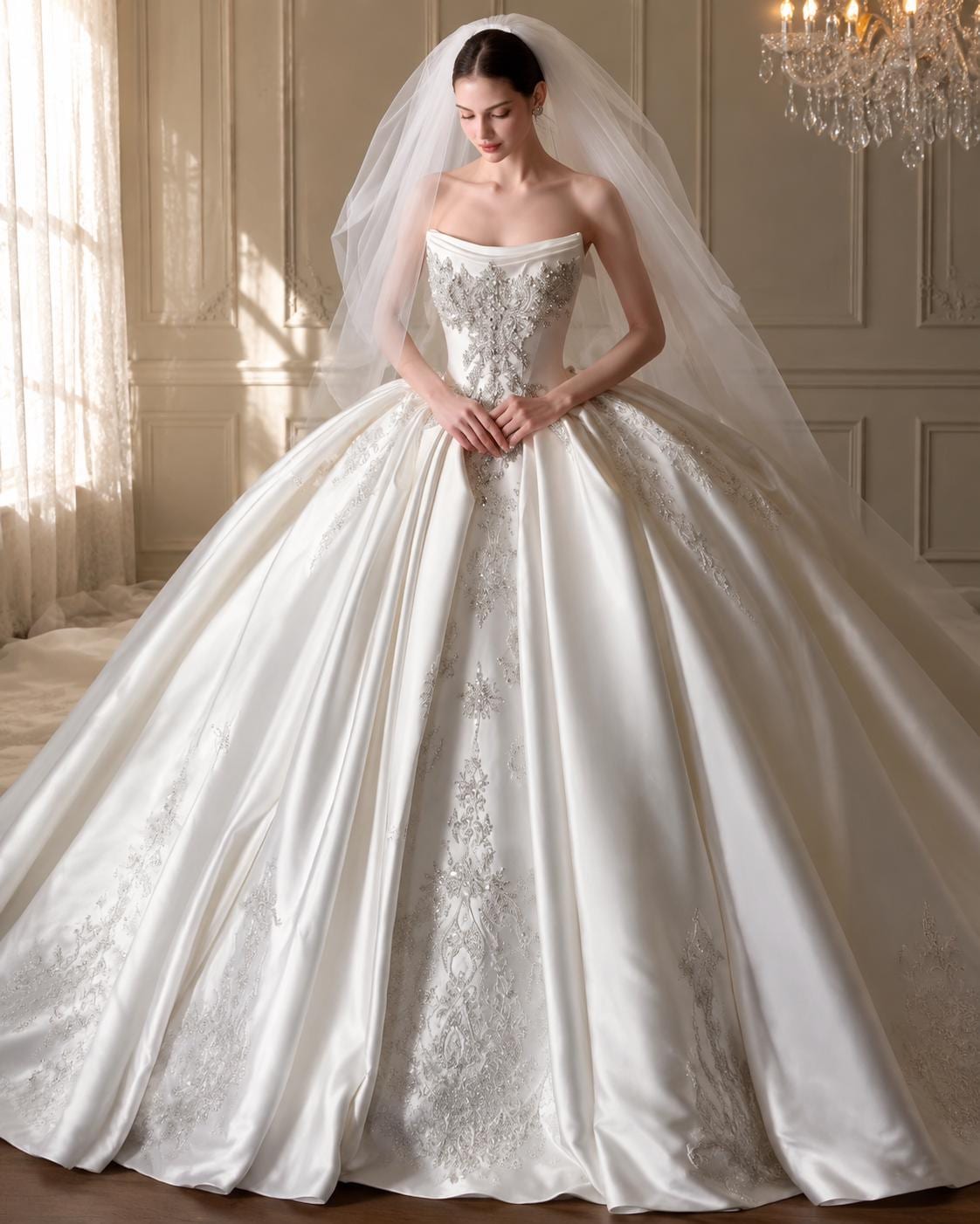 Crystal Beaded Mikado Wedding Dress with Cathedral Train