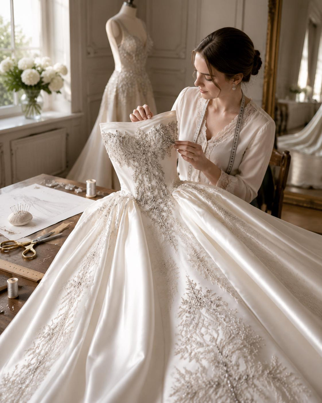 Crystal Beaded Mikado Wedding Dress with Cathedral Train