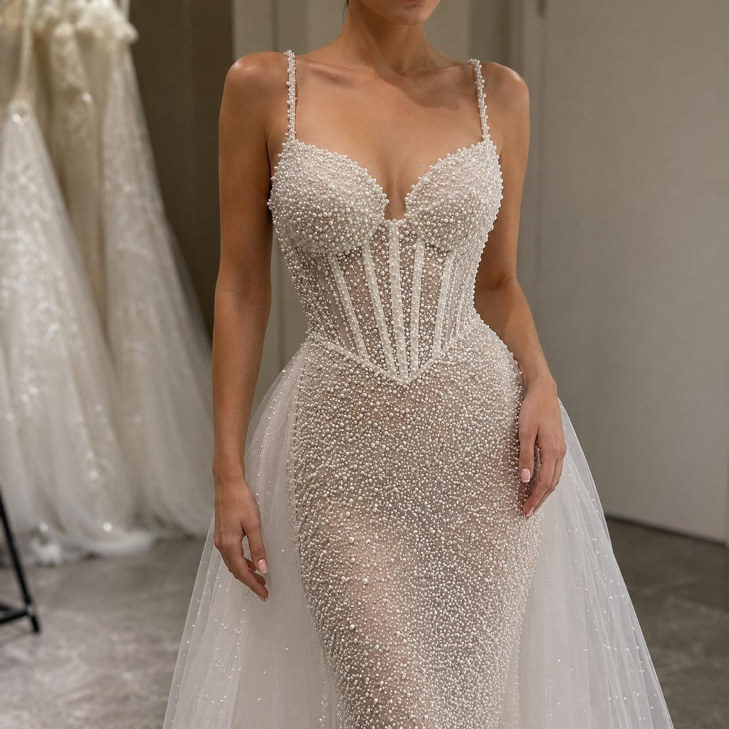 Luxury Pearl Beaded Mesh Fabric by the Yard, Heavy Pearl Embroidered Bridal Tulle for Wedding Dress, Reception Gown, Veil & Couture Sewing