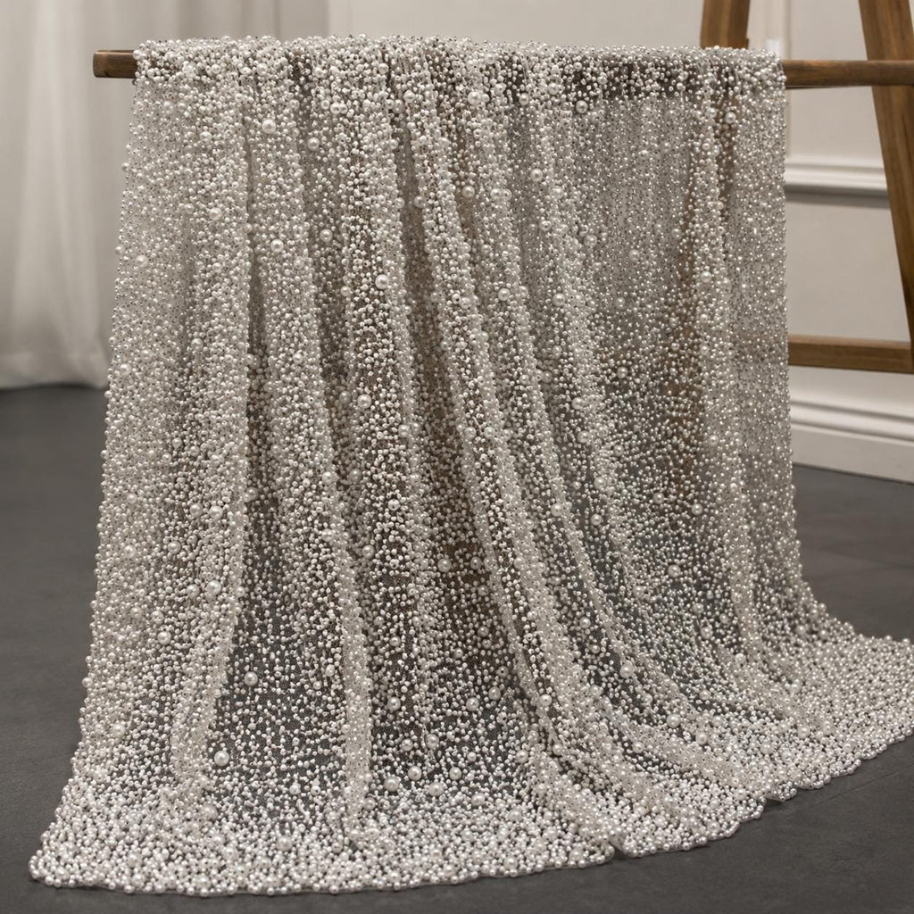 Luxury Pearl Beaded Mesh Fabric by the Yard, Heavy Pearl Embroidered Bridal Tulle for Wedding Dress, Reception Gown, Veil & Couture Sewing