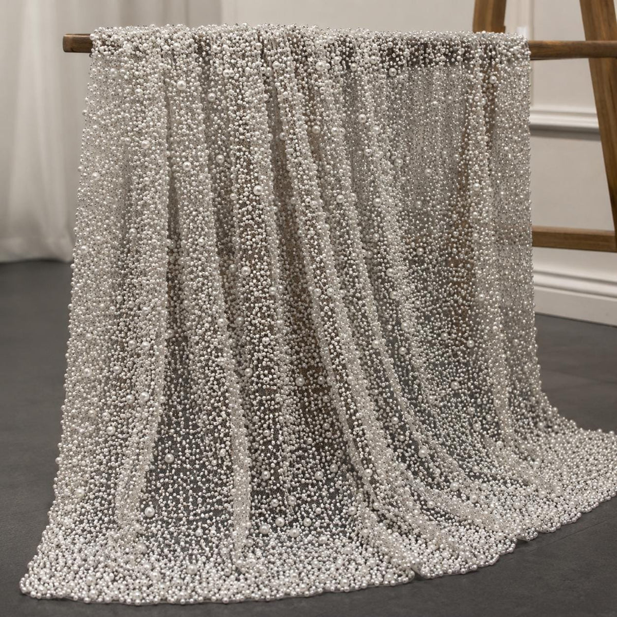 Luxury Pearl Beaded Mesh Fabric by the Yard, Heavy Pearl Embroidered Bridal Tulle for Wedding Dress, Reception Gown, Veil & Couture Sewing