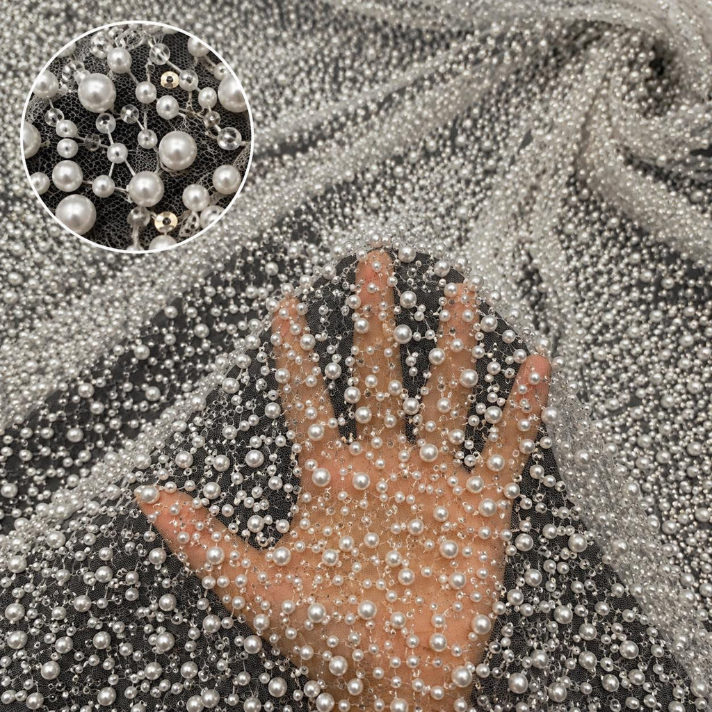 Luxury Pearl Beaded Mesh Fabric by the Yard, Heavy Pearl Embroidered Bridal Tulle for Wedding Dress, Reception Gown, Veil & Couture Sewing