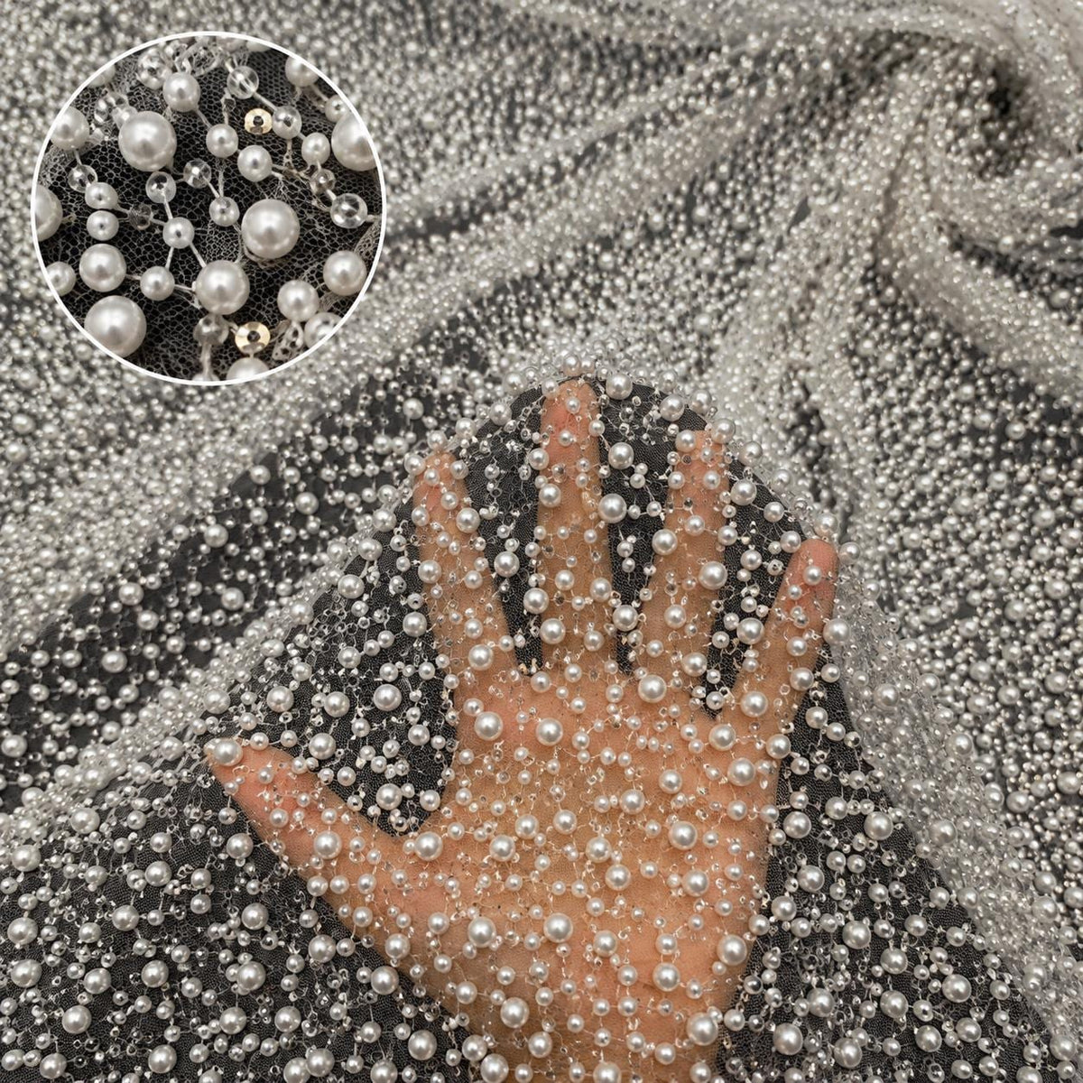 Luxury Pearl Beaded Mesh Fabric by the Yard, Heavy Pearl Embroidered Bridal Tulle for Wedding Dress, Reception Gown, Veil & Couture Sewing