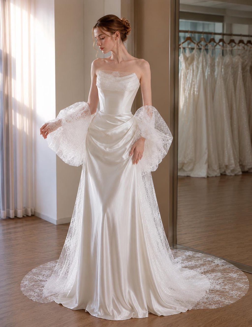Off-the-Shoulder Satin Mermaid Wedding Dress with Lace Sleeves