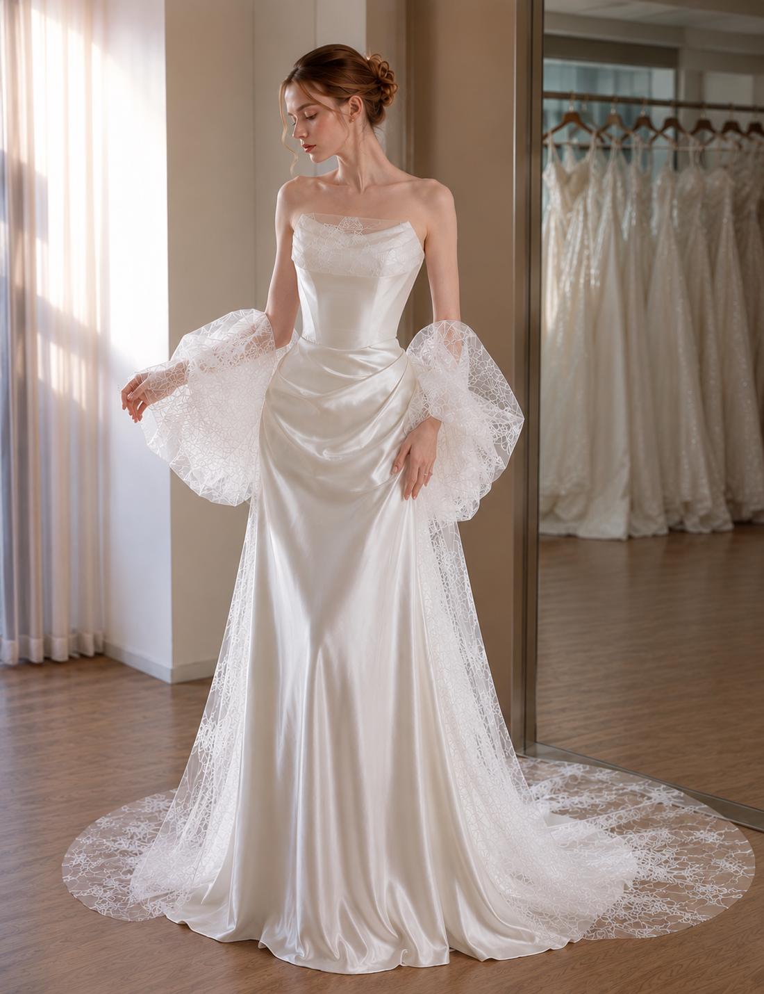 Off-the-Shoulder Satin Mermaid Wedding Dress with Lace Sleeves