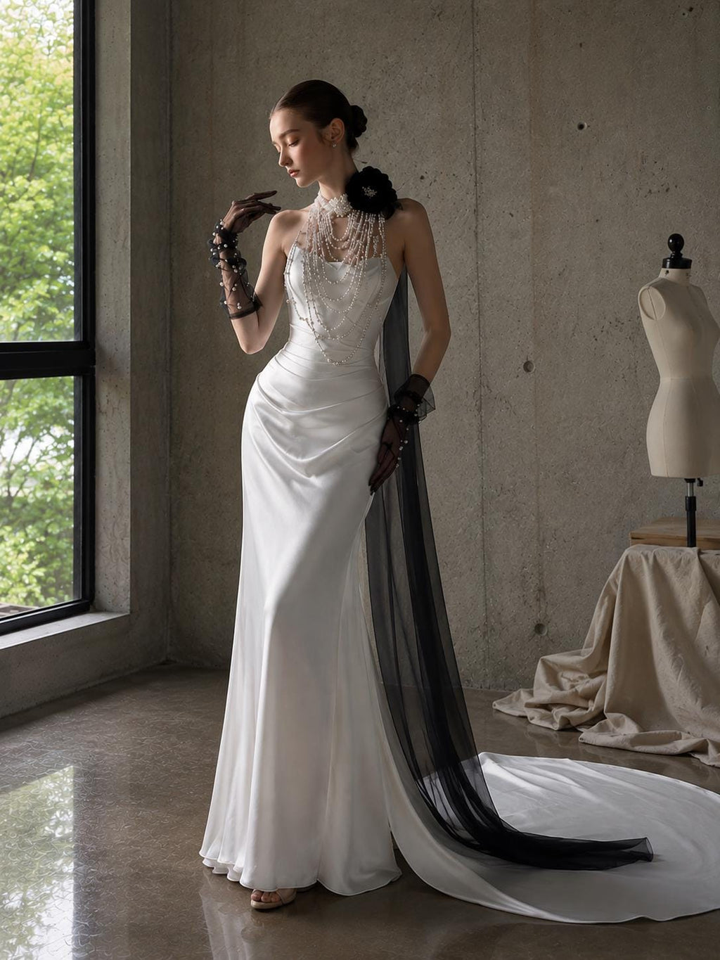 Pearl Satin Mermaid Wedding Dress with Black Floral Accents